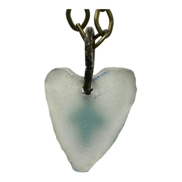 Artisan Light Green Sea Glass Concave Heart Pendant with Turquoise Cross Charm - Picture 10 of 12